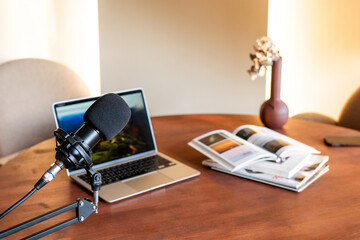 Podcast recording setup for training and educational interviews in a cozy workspace