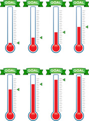 vector set of thermometers on different temperature levels. no numbers. goal. bulb temperature measurement device isolated on white background