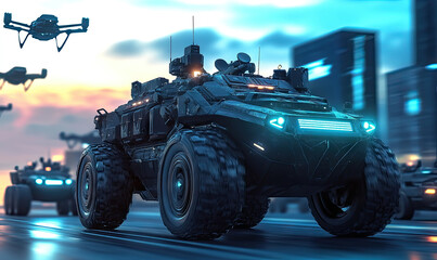 Futuristic military vehicles escort in city with aerial drone support convoy for National Defense Transportation Day