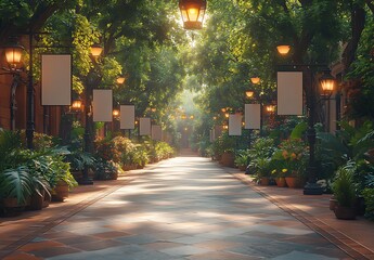 Serene Walkway Lined with Trees and Lanterns, Featuring Empty Signage and Vibrant Greenery, Bathed in Soft Sunlight for Landscape or Outdoor Branding Mockup


