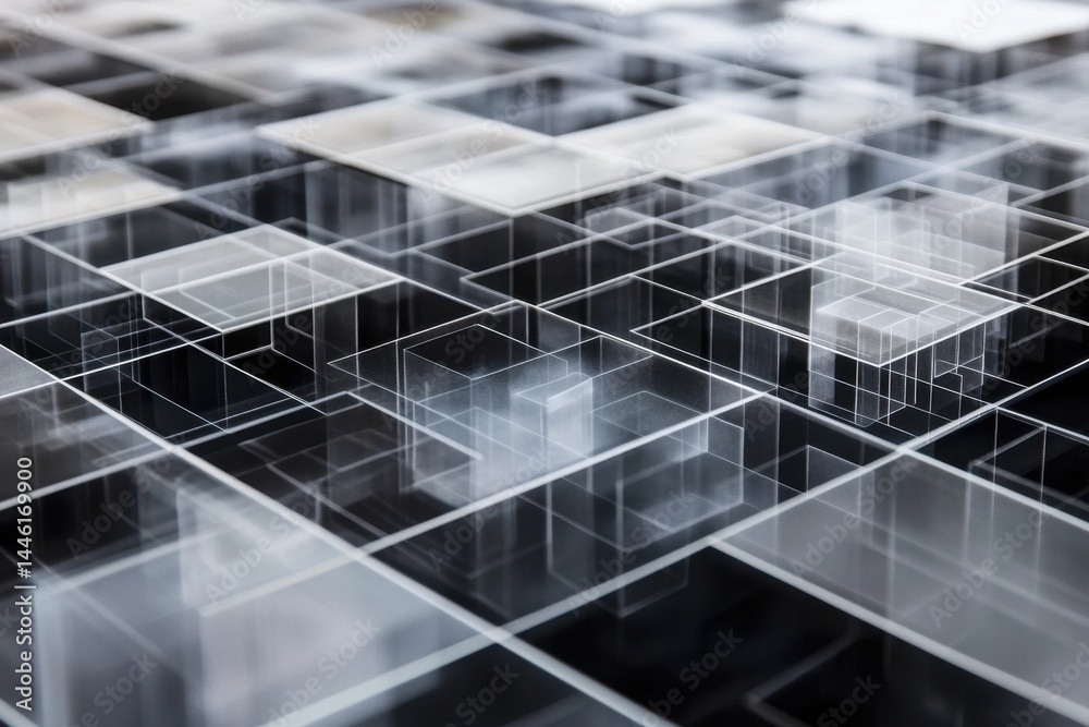 Poster data processing visualized through transparent diagrams and geometric shapes over a dark background,