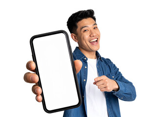 Cheerful Emotional Man Holding Big Blank Cell Phone In Hand Showing White Screen To Camera Pointing At You on transparent background