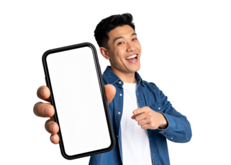 Cheerful Emotional Man Holding Big Blank Cell Phone In Hand Showing White Screen To Camera Pointing At You on transparent background