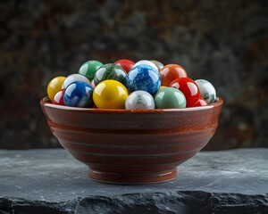 Colorful mix of vibrant marbles displayed in ceramic bowl isolated for playful decor nostalgic fun