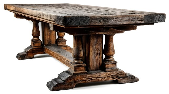 Grand traditional heavy oak monastery table isolated on white background highlights robust craftsmanship historic charm