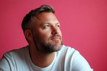 Obraz premium Artwork idea of style for aging men. Trendy men's undercut haircut - midlife white man with hair. A glowing man radiating happiness and confidence. Pink solid background.