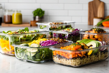 A vibrant array of meal prep containers brimming with fresh salads, evoking health and vitality.