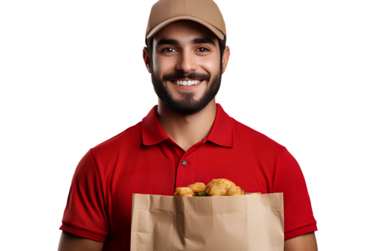 Photo of a smiling young man in a red polo shirt and cap holding a brown paper bag of delivery food isolated on a transparent background PN - Powered by Adobe
