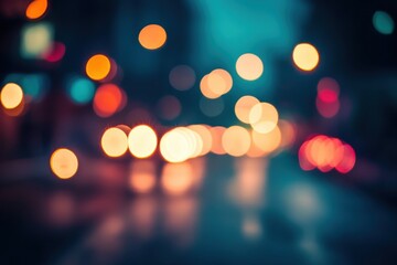 Obraz premium Nighttime city street with blurred lights and a soft white bokeh background creating a dreamy atmosphere, HD able Background with nice white bokeh