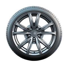 Obraz premium Car wheel in a sleek design isolated on a transparent background showcasing accents and detailed craftsmanship, car wheel isolated on transparent