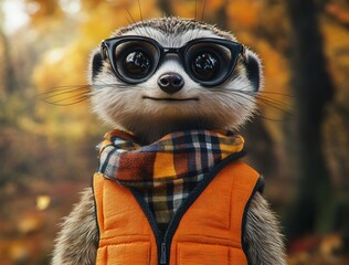 Playful meerkat in sunglasses enjoys autumn vibes forest setting animal portrait nature photography whimsical perspective