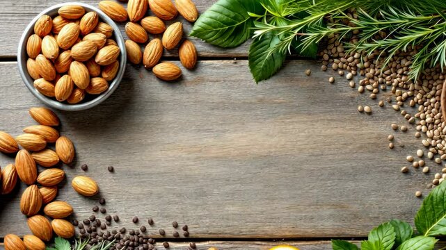 Culinary ingredients arrangement on wooden surface overhead view