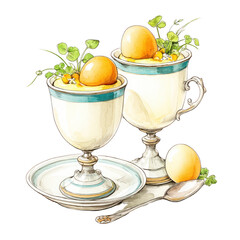 Two dessert cups are garnished with clover sprouts in an artistic sketch.