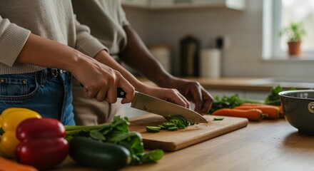Hands preparing a fresh salad together in a bright, modern kitchen with vegetables