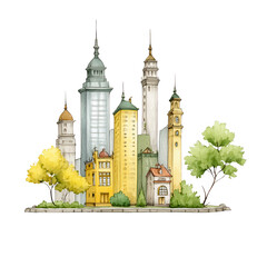 Watercolor city illustration showcases various building types and trees.