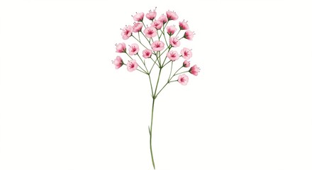 Obraz premium Watercolor Delicate pink flowers bloom on a single stem against a clean, white background.