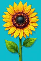 Fototapeta premium Brightly colored, bold outline of a sunflower, illustration, pop art style, flowers