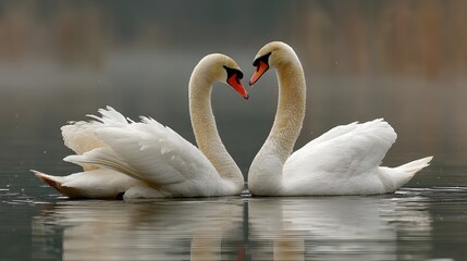 Fototapeta premium Celebrate Love with a Pair of Swans Forming a Heart Shape on Serene Lake Surface for Romantic Wildlife Imagery and Wedding Decor Ideas