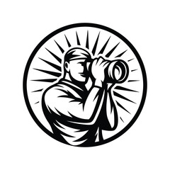 Silhouette of Man Gazing Through Binoculars in a Circular Burst, Black and White Art