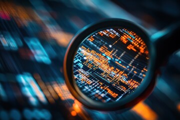 Scope scanning over data processing on black background reveals intricate details of digital information, scope scanning over data processing on black background