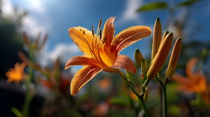 Fototapeta premium A bright orange lily blooming under the sun with vibrant petal details