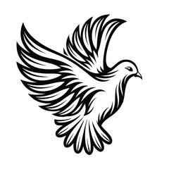Obraz premium Minimalist Dove Flying Silhouette, Black and White Bird Icon with Feathered Wings Outspread