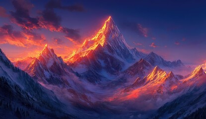 Majestic mountain peak bathed in fiery sunset light, snow-capped peaks, vibrant colors, dramatic sky
