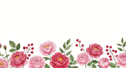 Floral arrangement with roses, berries, and leaves on a white background, watercolor style.