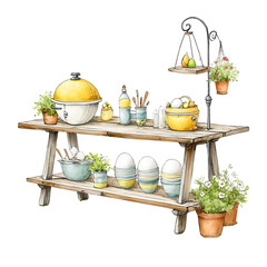 Watercolor illustration of a rustic kitchen shelf with various cooking items
