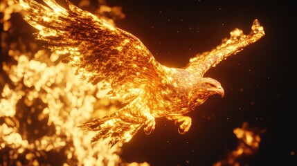 Obraz premium Fiery golden eagle soaring through a fiery, dynamic display.