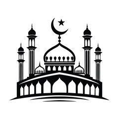 Mosque Silhouette with Crescent Moon and Star Icon, Towers, Black and White Design