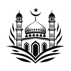 Black Mosque Silhouette with Crescent Moon & Star, Architectural Islamic Design