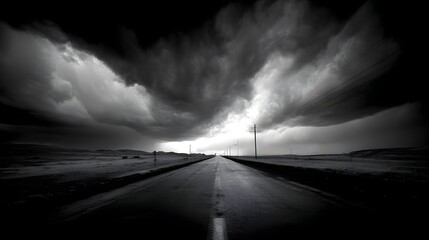 Dark brooding clouds hanging over an empty road creating ominous scene amplifies suspenseful storytelling visuals