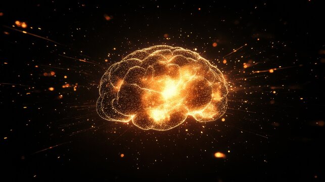 Digital brain illuminated by particles of light in a dark space showcasing dynamic movement and creative potential in modern design