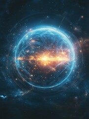 Glowing quantum AI sphere floating in expansive space with intricate energy patterns and stunning cosmic backdrop