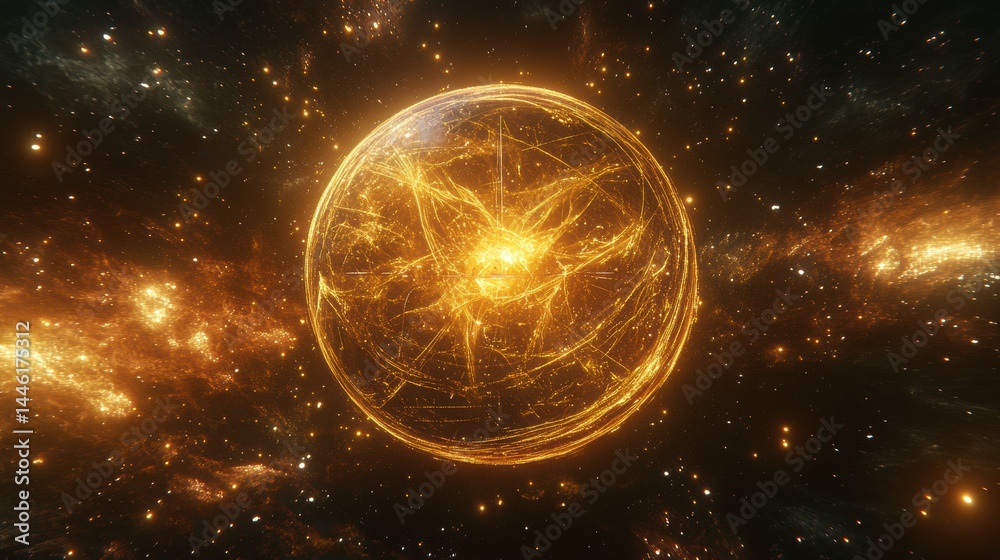 Wall mural glowing quantum ai sphere surrounded by intricate energy patterns in a cosmic space setting aligned 