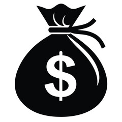 Monochrome Silhouette of Tied Money Bag with Large Dollar Sign Icon