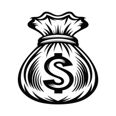 Isolated Black Silhouette of Fabric Money Bag with Dollar Sign on a White Backdrop