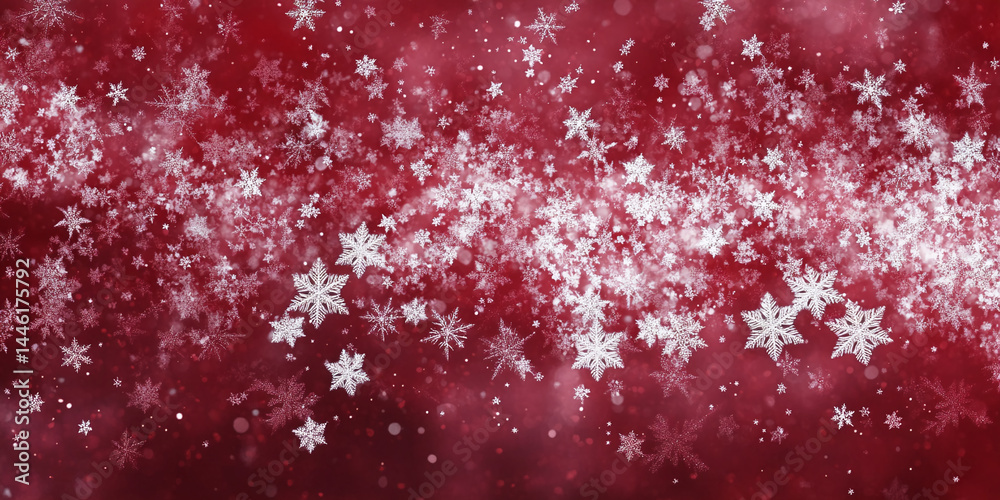 Poster red background with many white snowflakes falling, creating a winter wonderland scene, symbolizing c
