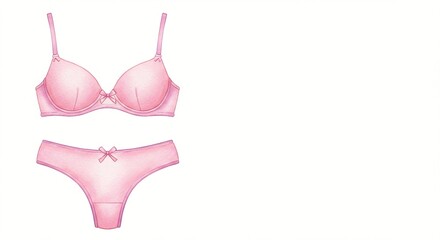 Illustration of pink bra and panty set featuring delicate bow details on white.
