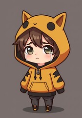 Expressive Chibi Character Illustration: A sad anime-style boy in an animal-themed hoodie displaying raw emotion with captivatingly detailed features