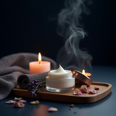 Luxury Face Cream with Candles and Flowers on Wooden Tray
