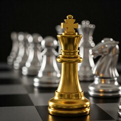 Golden chess king on a chessboard against silver pieces