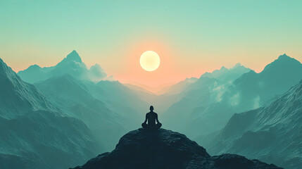 Silhouette meditating atop mountain vista achieving mindfulness, dawn tranquility for International Day of the Celebration of the Solstice
