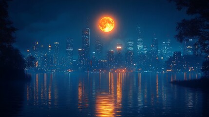 Fototapeta premium Moonlit skyscrapers reflecting on water high resolution HD Photo