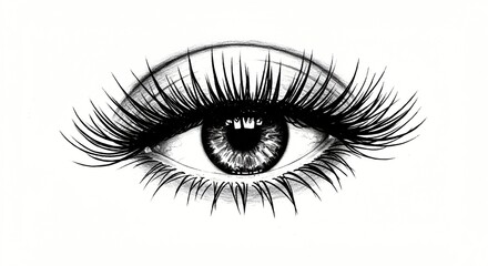 Detailed pencil sketch of a human eye with long lashes and intricate iris detail.