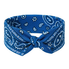 Vivid blue fabric headband featuring an intricate white and black paisley pattern tied with a central knot.