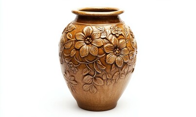 A vintage ceramic vase with intricate floral designs, isolated on white background