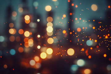 Abstract oil refinery towers with glowing bokeh lights and shallow depth of field, perfect for industrial, energy sector, and environmental themes