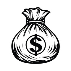 Isolated Sack with Dollar Sign, black and white money bag. Savings & finance icon